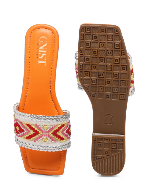 GNIST Orange Embroidered Flats